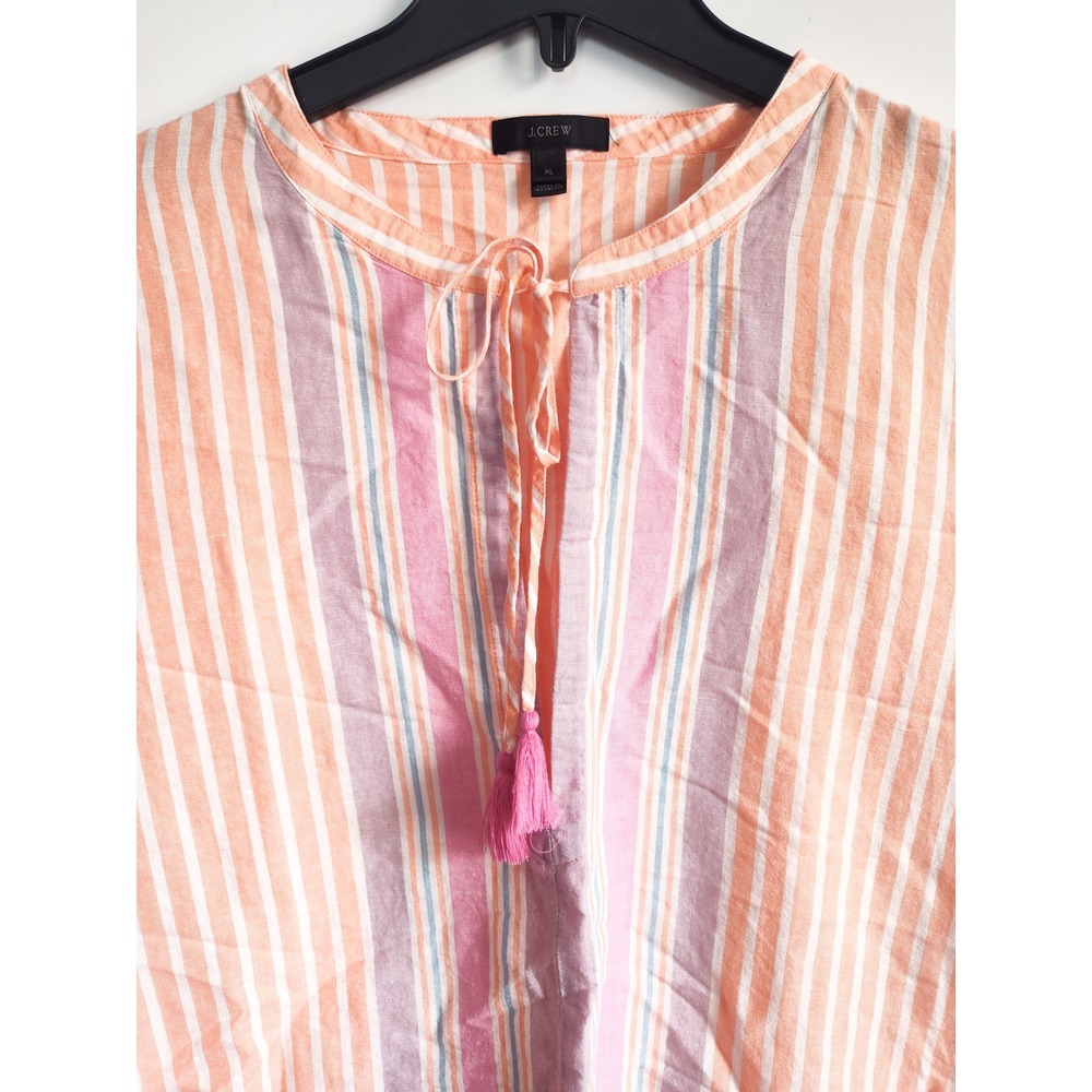J.Crew Tunic Top Swimsuit Coverup XL Orange Pink Striped Linen Cotton Tassels - Picture 5 of 8